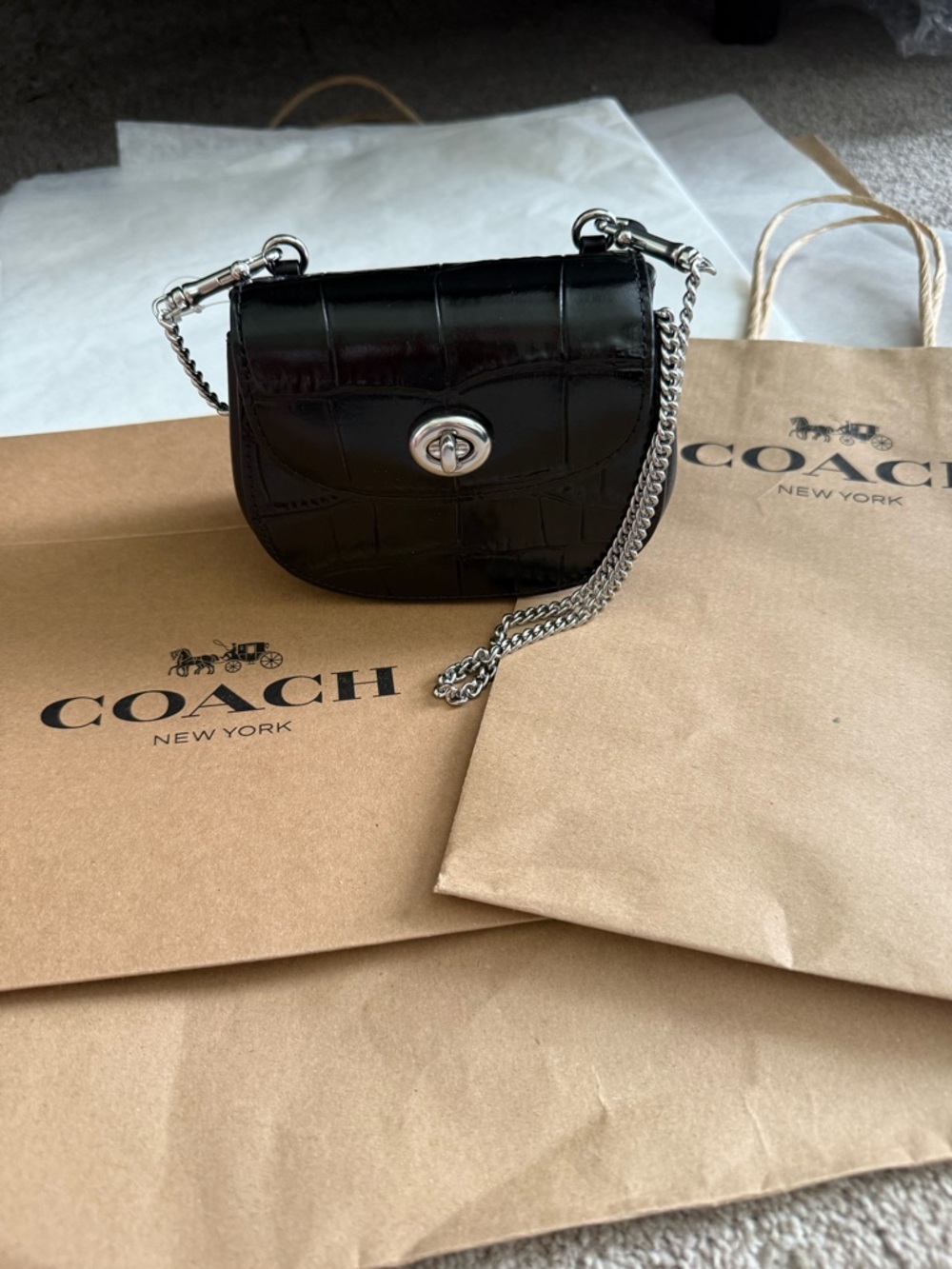 Coach Black Croc-Embossed Leather Turnlock Crossbody Bag NWT